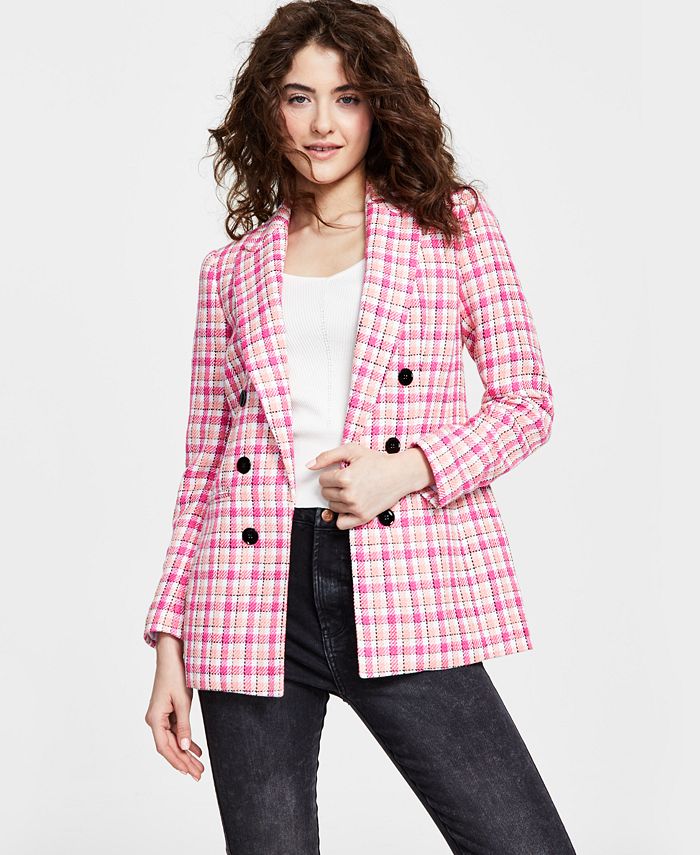 Women's Plaid Tweed Double-Breasted Blazer, Created For Macy's Bar III Women's Plaid Tweed Double-Breasted Blazer, Created For Macy's -CeCe cloth-shop