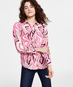 Bar III Women's Swirl Print Button Down Blouse, Created For Macy's