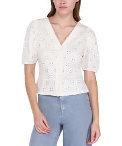 Black Tape Women's Puff-Sleeve V-Neck Button-Down Eyelet Top