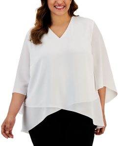 Kasper Plus Size V-Neck Flutter-Sleeve Cross-Hem Top