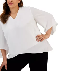 Kasper Plus Size V-Neck Flutter-Sleeve Cross-Hem Top 3 Kasper Plus Size V-Neck Flutter-Sleeve Cross-Hem Top -CeCe cloth-shop 23649667 fpx