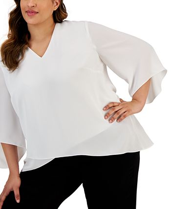 Plus Size V-Neck Flutter-Sleeve Cross-Hem Top Kasper Plus Size V-Neck Flutter-Sleeve Cross-Hem Top -CeCe cloth-shop
