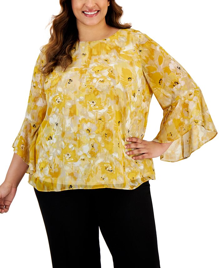 Kasper Plus Size Floral-Print Ruffle-3/4-Sleeve Top 1 Kasper Plus Size Floral-Print Ruffle-3/4-Sleeve Top