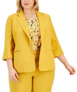 Kasper Plus Size Notch-Lapel Linen Snap-Front 3/4-Sleeve Blazer