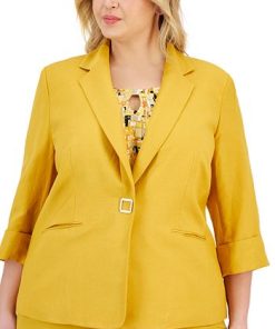 Kasper Plus Size Notch-Lapel Linen Snap-Front 3/4-Sleeve Blazer -CeCe cloth-shop 23649681 fpx