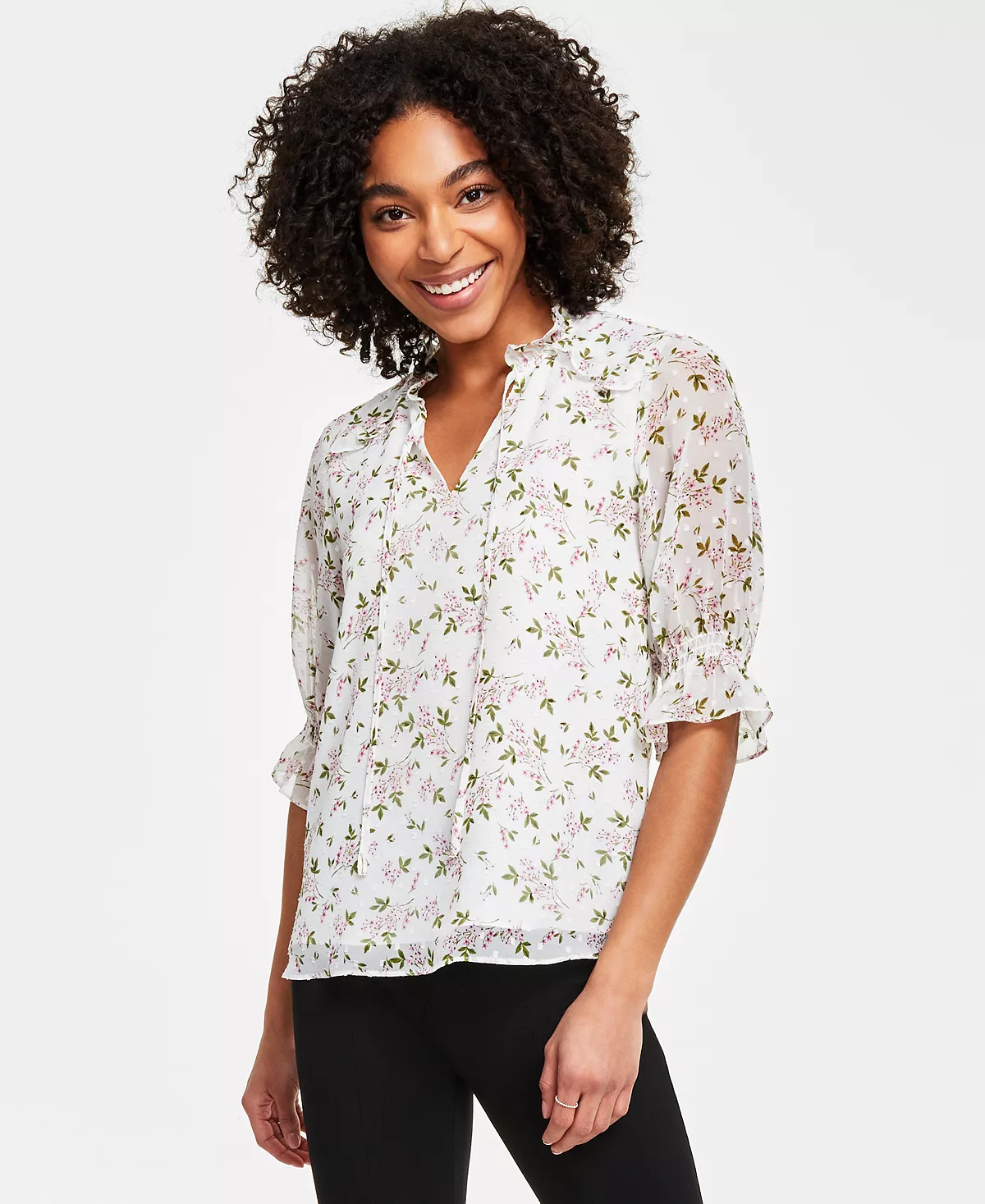 Women's Floral-Print Tie-Neck Clip-Dot Blouse CeCe Women's Floral-Print Tie-Neck Clip-Dot Blouse -CeCe cloth-shop