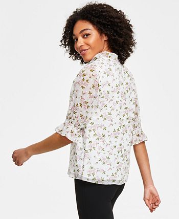Women's Floral-Print Tie-Neck Clip-Dot Blouse CeCe Women's Floral-Print Tie-Neck Clip-Dot Blouse -CeCe cloth-shop