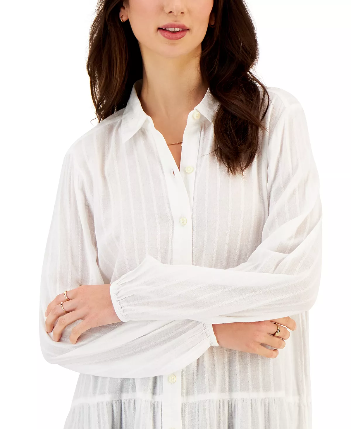 Style & Co Women's Textured-Stripe Tiered Button Shirt, Created For Macy's 4 Style & Co Women's Textured-Stripe Tiered Button Shirt, Created For Macy's - Image 4