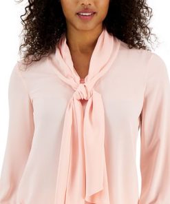Anne Klein Women's Chiffon Smocked-Cuff Bow Blouse -CeCe cloth-shop 23676811 fpx