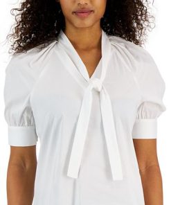 Anne Klein Women's Short-Sleeve Poplin Tie-Neck Top 2 Anne Klein Women's Short-Sleeve Poplin Tie-Neck Top -CeCe cloth-shop 23676999 fpx