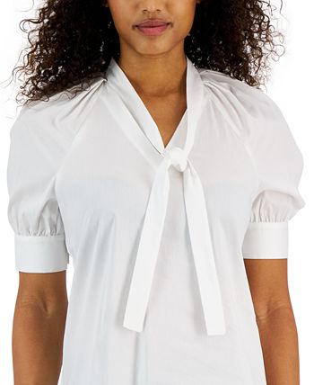 Women's Short-Sleeve Poplin Tie-Neck Top Anne Klein Women's Short-Sleeve Poplin Tie-Neck Top -CeCe cloth-shop
