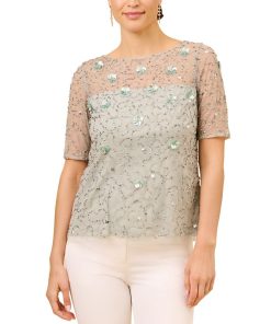 Adrianna Papell Women's Boat Neck Embellished Elbow-Sleeve Top