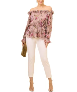 Adrianna Papell Women's Printed Ruffled Off-The-Shoulder Top -CeCe cloth-shop 23684838 fpx