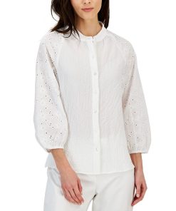 Anne Klein Women's Puff-Sleeve Eyelet-Detail Blouse