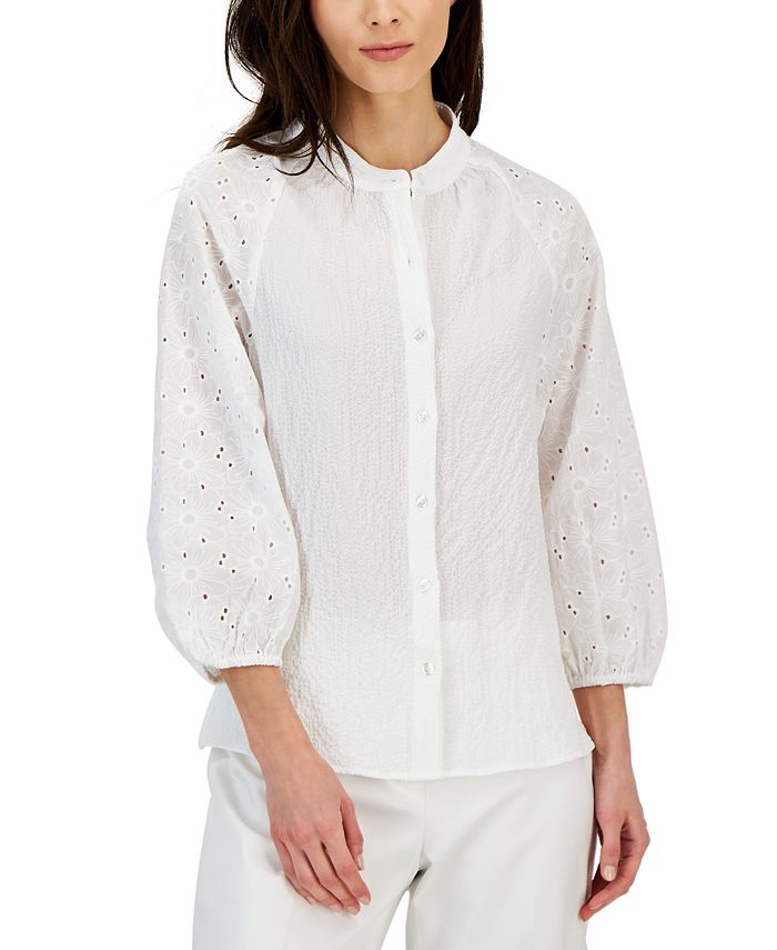 Women's Puff-Sleeve Eyelet-Detail Blouse Anne Klein Women's Puff-Sleeve Eyelet-Detail Blouse -CeCe cloth-shop