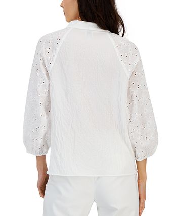 Women's Puff-Sleeve Eyelet-Detail Blouse Anne Klein Women's Puff-Sleeve Eyelet-Detail Blouse -CeCe cloth-shop