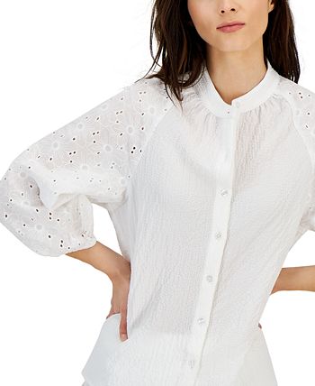 Women's Puff-Sleeve Eyelet-Detail Blouse Anne Klein Women's Puff-Sleeve Eyelet-Detail Blouse -CeCe cloth-shop