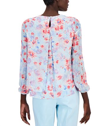 Women's Floral-Print Double-Layer Bracelet-Sleeve Blouse Anne Klein Women's Floral-Print Double-Layer Bracelet-Sleeve Blouse -CeCe cloth-shop