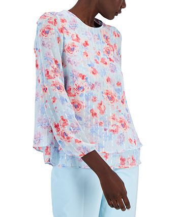 Women's Floral-Print Double-Layer Bracelet-Sleeve Blouse Anne Klein Women's Floral-Print Double-Layer Bracelet-Sleeve Blouse -CeCe cloth-shop