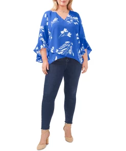 Vince Camuto Plus Size Flutter Sleeve Floral Whisps V-Neck Tunic -CeCe cloth-shop 23910822 fpx