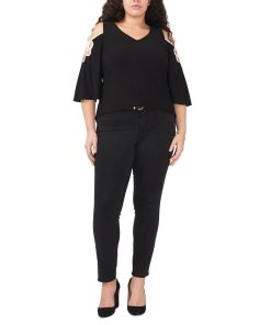 Vince Camuto Plus Size Contrast-Trim Cold-Shoulder Top