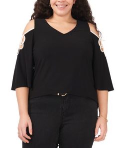 Vince Camuto Plus Size Contrast-Trim Cold-Shoulder Top -CeCe cloth-shop 23921498 fpx