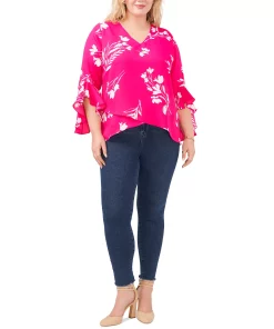 Vince Camuto Plus Size Flutter Sleeve Floral Whisps V-Neck Tunic -CeCe cloth-shop 23932200 fpx