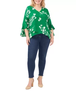 Vince Camuto Plus Size Flutter Sleeve Floral Whisps V-Neck Tunic -CeCe cloth-shop 23932226 fpx